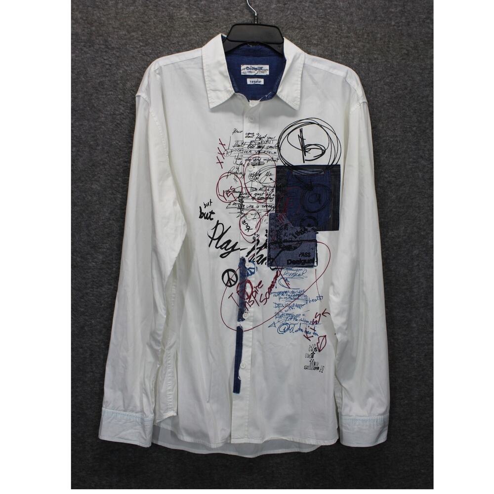 Desigual Man 2XL Regular Fit White Printed Long Sleeve Button Up Shirt